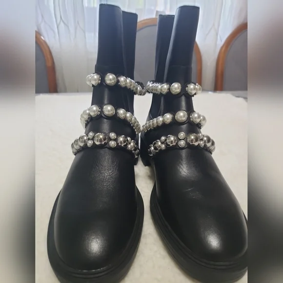 NWT Zara Black Leather Faux Pearl Accents Ankle Boots Size 38 - Picture 8 of 13